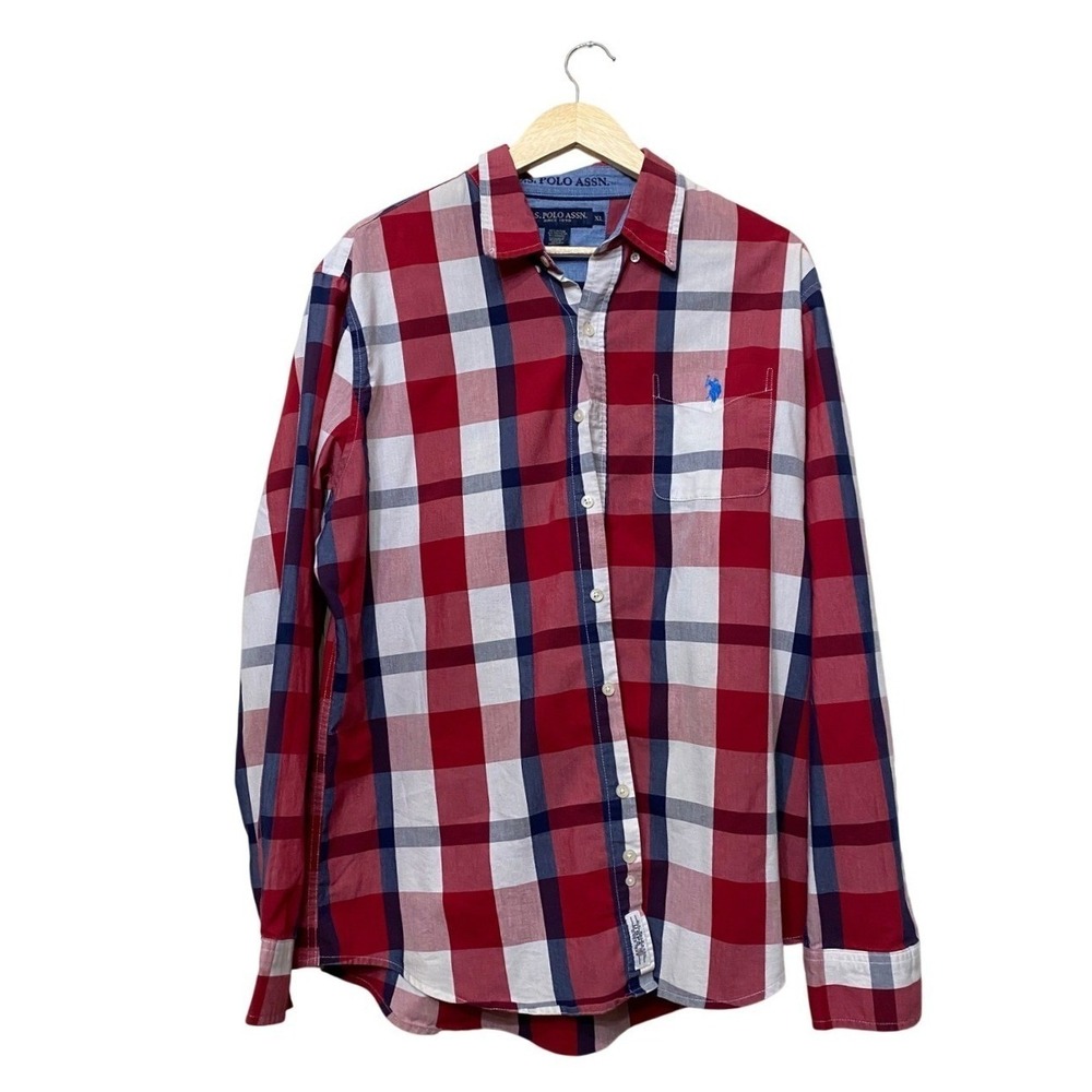 US Polo Assn Mens XL Red Blue White Plaid Long Sleeve Button‎ Down Shirt Stretch